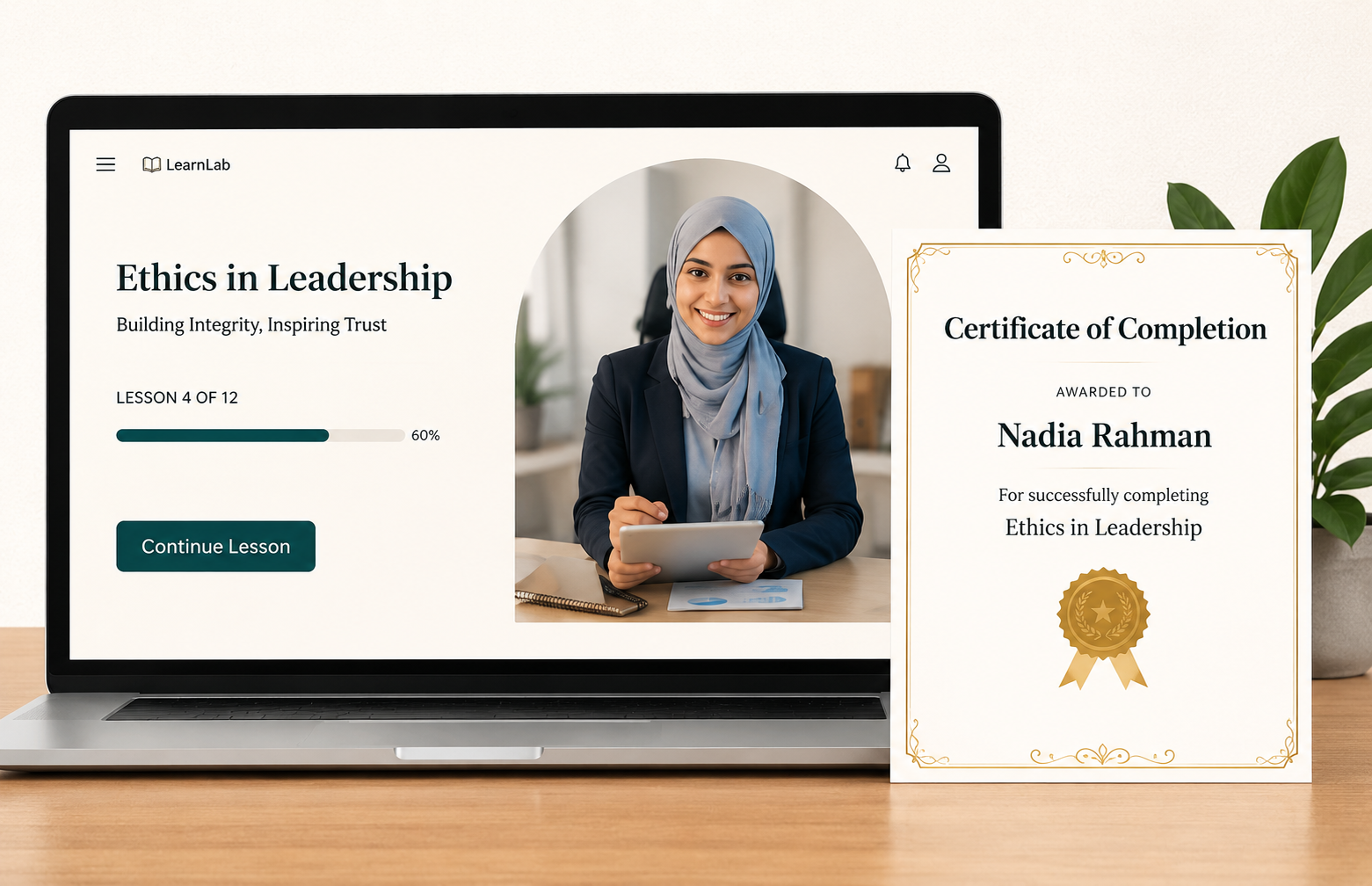 Online course laptop and certificate